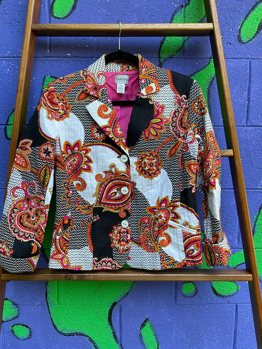 Tripp's Store / Orange, pink, black white quilted short paisley jacket // Size 0 // Chico's pink, orange, black and white paisley jacket