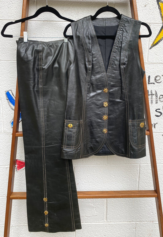 Tripp's Store : Vintage black leather 70's pantsuit // size 12 // Black leather groovy pant suit