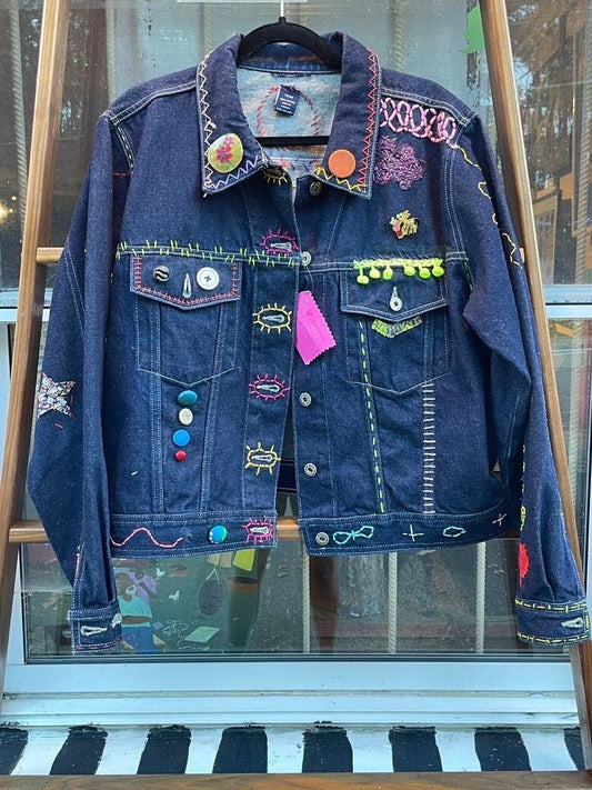 Tripp's Store : Bespoke Vintage denim jacket // One of a kind hand stitched patchwork boho jean trucker jacket // Size 18/20 Jean Jacket