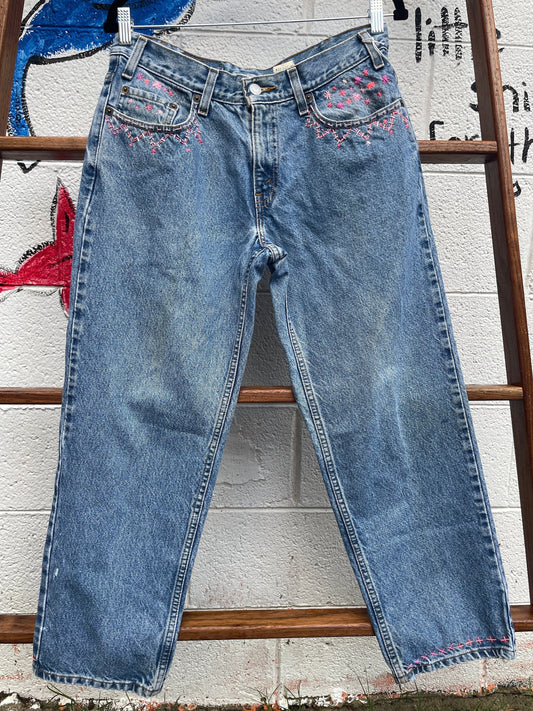 Tripp's Store / JEANS / One of a kind stitched blue jeans // pink stars // 32 X 27 // Bespoke stitched jeans