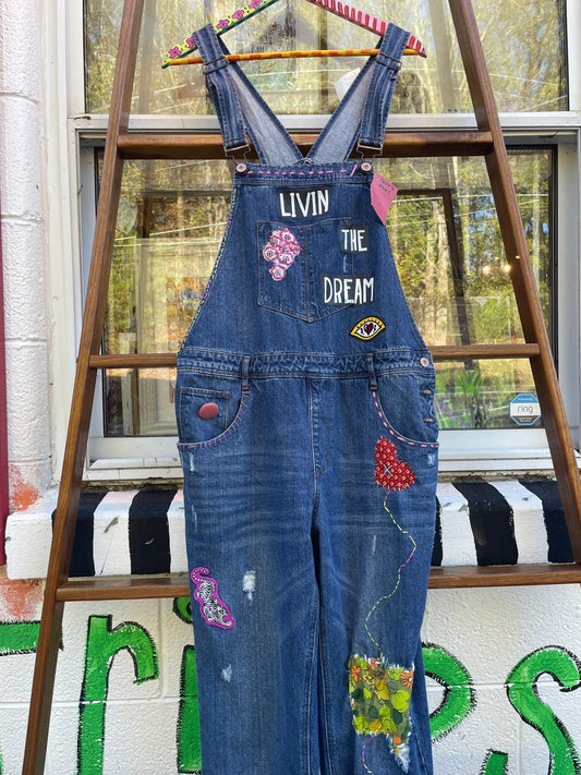 Tripp's Store : Bespoke Bib Overalls 36x28 One of a embroidered Mae Lettuce overalls overalls  stitched boho patchwork denim Jean overalls