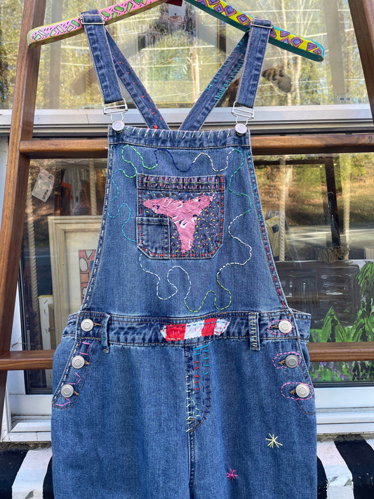 Tripp's Store : Bespoke light wash Vintage One of a kind Overalls // Unisex XL 40"x30" // Embroidered patchwork 90s boho Bib Overalls