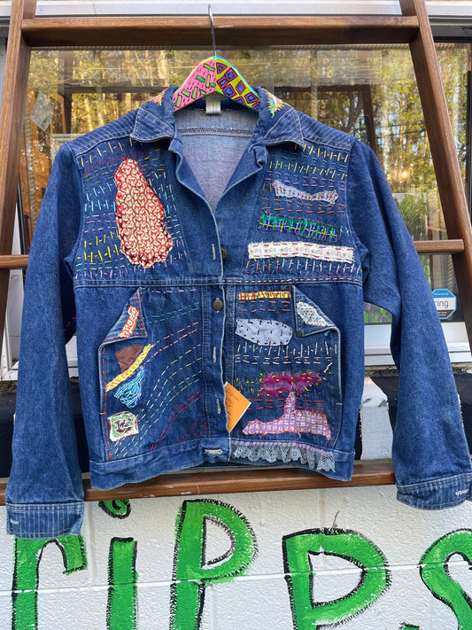 Tripp's Store : Bespoke blue jean jacket // medium // Colorfully stitched and patched one of a kind denim jacket