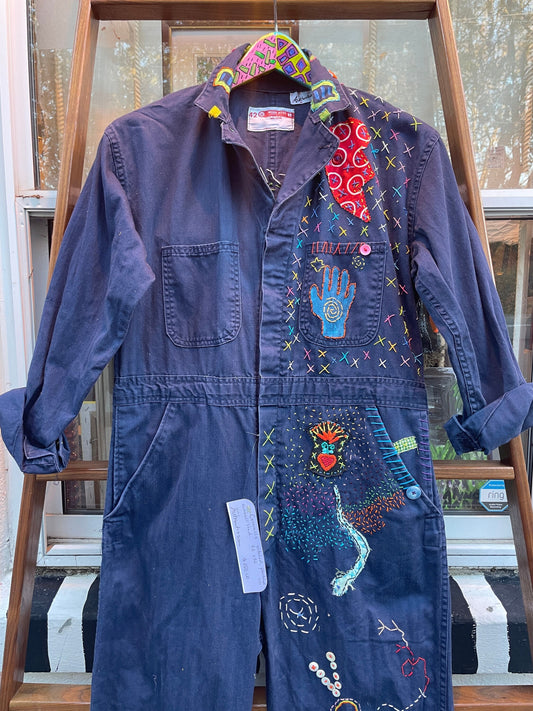 Tripp's Store : Bespoke coverall/boiler suit // 42 X 32 // Navy blue one of a kind boho art flight suit jumpsuit coveralls