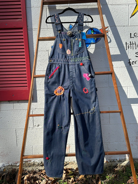 Tripp's Store : Bespoke medium wash Vintage One of a kind Overalls // Unisex XL 32"x29" // Embroidered patchwork y2k boho Bib Overalls