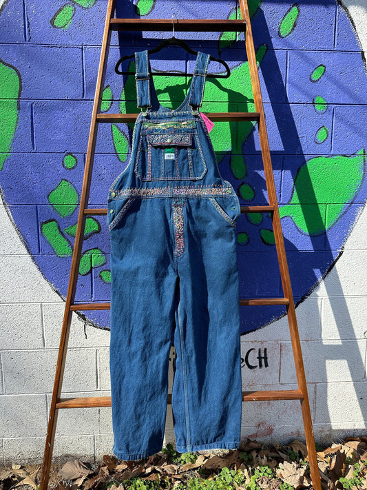 Tripp's Store : Bespoke denim bib overalls // Boho embroidered  // 40" X 27"  // Colorful one of kind overalls