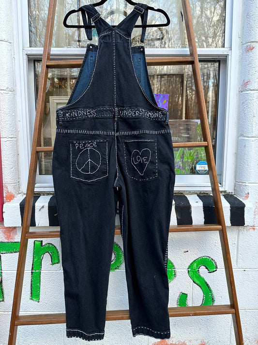 Tripp's Store: One of a kind bespoke black and white jean overalls // 36 x 26 // hand stitched overalls