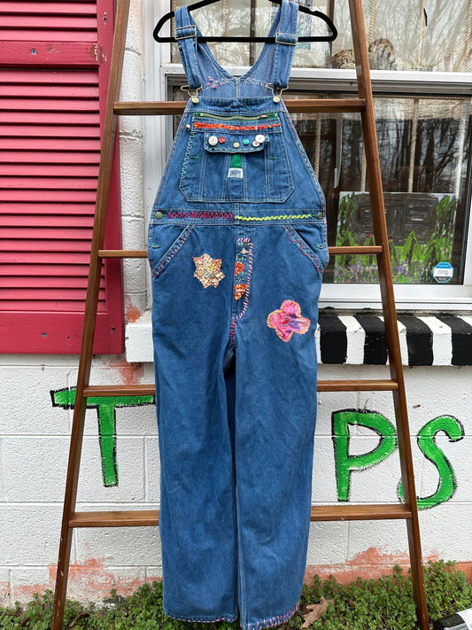 Tripp's Store : Bespoke one of a kind Liberty overalls // 32 X 32 // Stitched,embellished, patched overalls