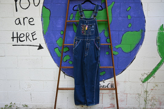 Tripp's Store : Authentissimo Bespoke dark wash Vintage One of a kind Overalls // Unisex XL // Embroidered patchwork y2k boho Bib Overalls