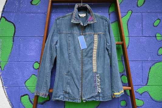 Tripp's Store / OOAK zip front denim jacket; bespoke blue jean jacket; embellished jacket