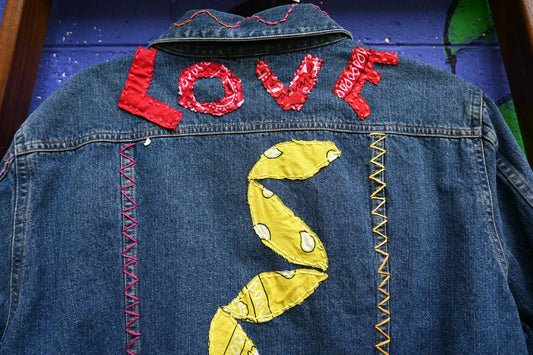 Tripp's Store / OOAK trucker style blue jean jacket; Bespoke denim jacket; stitched blue jean jacket; embroidered; colorful; art piece;